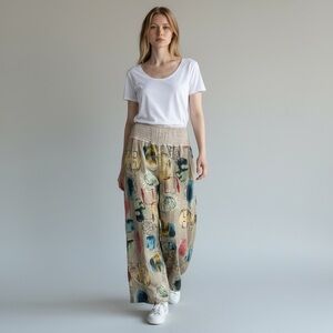Camille & Co Wide Leg Abstract Funky Linen Pants With Wide Waist Band Size L
